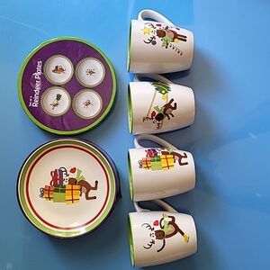 Christmas Reindeer 4 designs matching luncheon plates and mug set